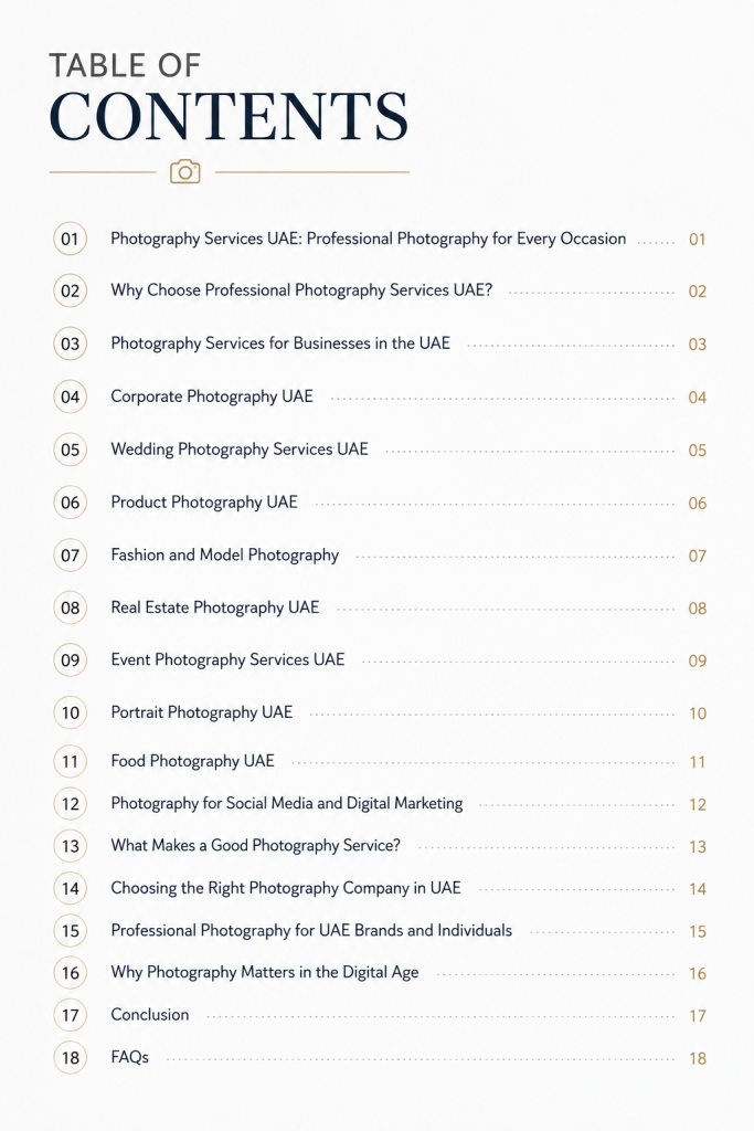 content table for services in UAE